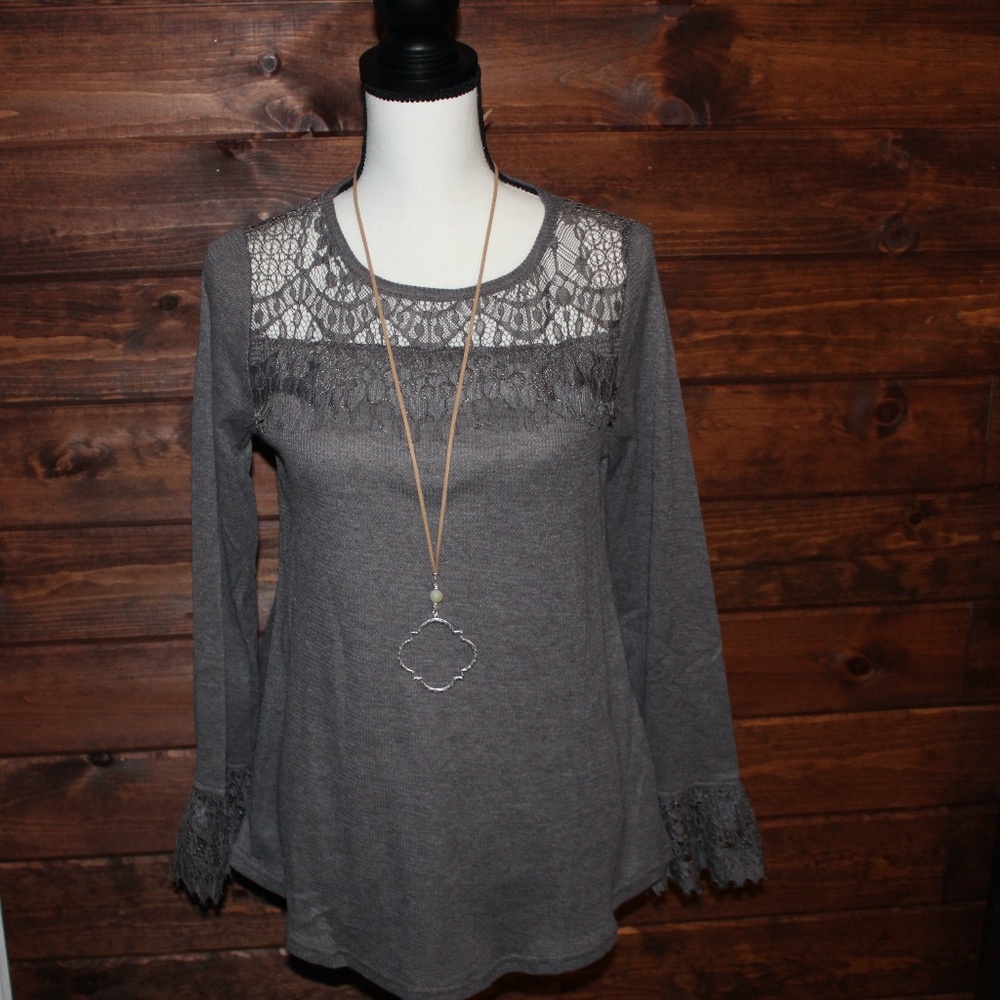 New Lace Yoke Detail Long Sleeve Thermal Top